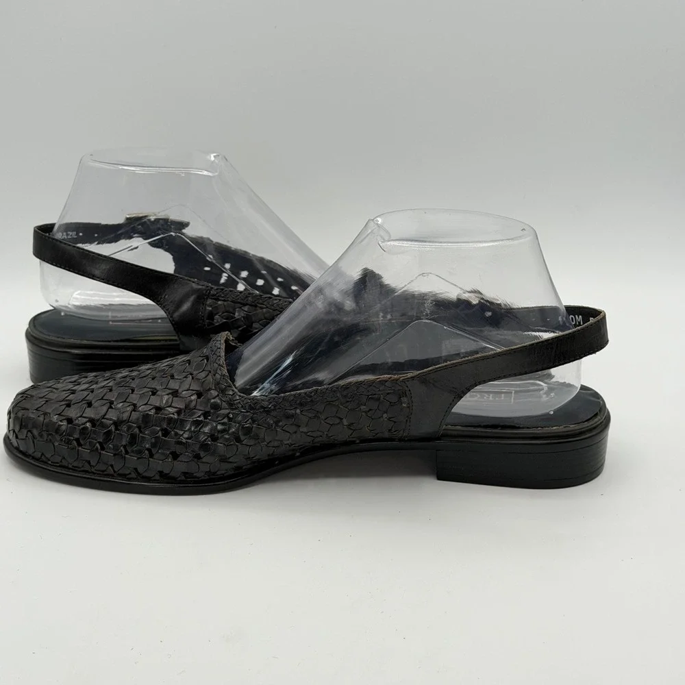 Trotters Lea Woven Leather Slingback Flats Women 10M Black Brazil Classic Office